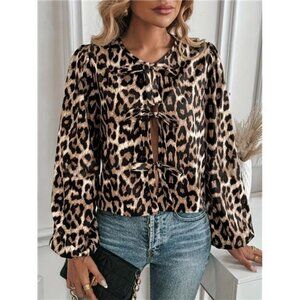 Tied Leopard Round Neck Long Sleeve Top